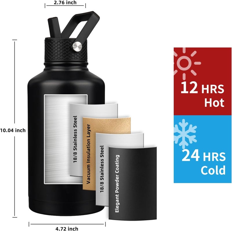 YONICOER Insulated Water Bottle 64oz,Triple Wall Vacuum Stainless Steel(Dishwasher Safe),Leak Proof & Non-BPA,Flask Jug with Paracord Handle & Straw Spout Lids Sports Black - Image 2
